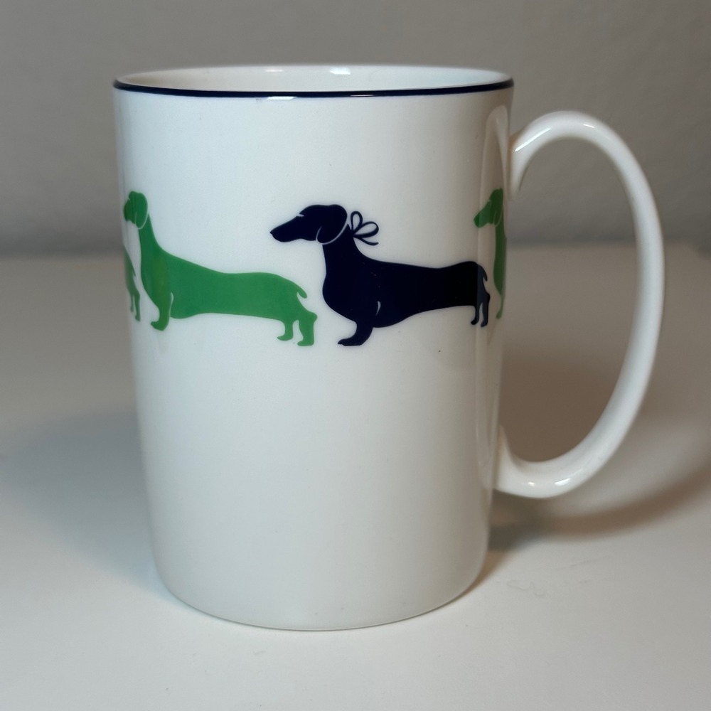 Kate Spade Wickford Dachshund Mug Unisex OS White Green Navy Lenox Porcelain NEW